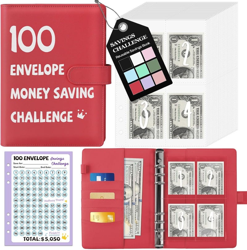 Fabmaker 100 Envelopes Money Saving Challenge Binder, A5 Savings Challenges Book with Envelopes & Reusable Tracker, Savings Binder - Save $5050 in Fun & Motivating Way, A5 - Image 1